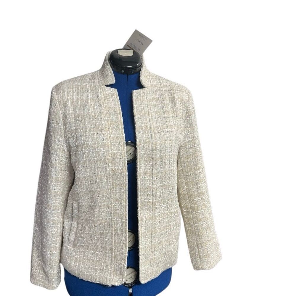 ELLEVEN Womens Cream&Silver Metallic Tweed Size Large Open Front Blazer Jacket